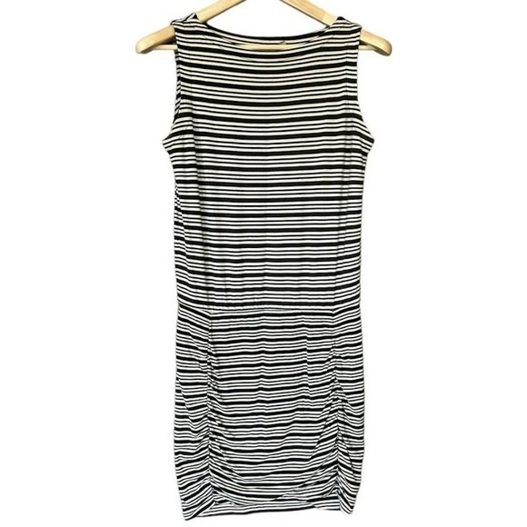 Athleta Black White Striped Dropped Waist Ruched Tank‎ Dress Womens S Petite - Picture 1 of 4